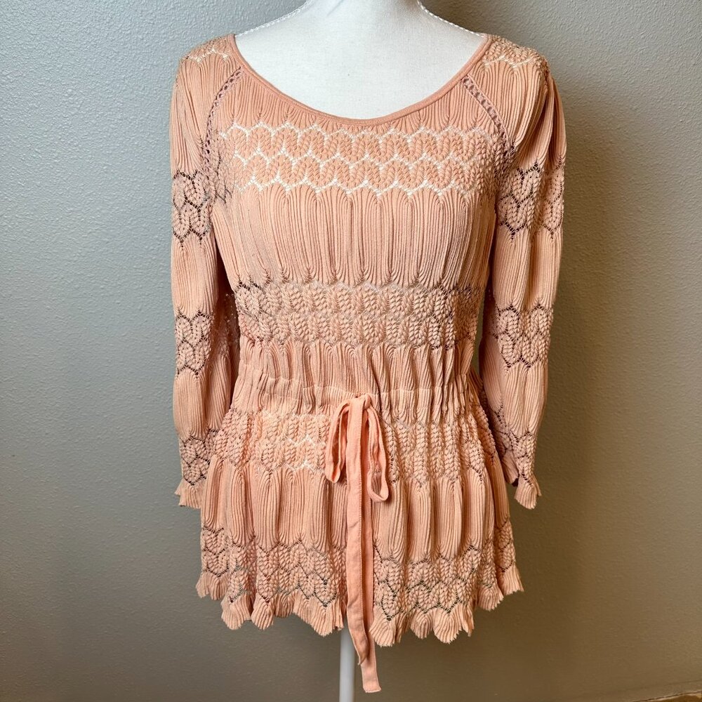 Free People Fire Island Crochet Open Knit Peplum Top Blouse Shirt Peach Medium M